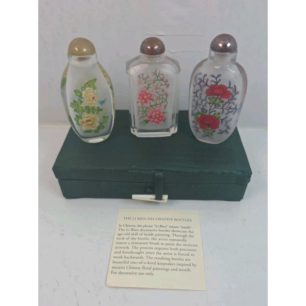 Li‎ Bien Inside Painted Snuff Bottles Set of 3 Chinese Floral Glass with Box